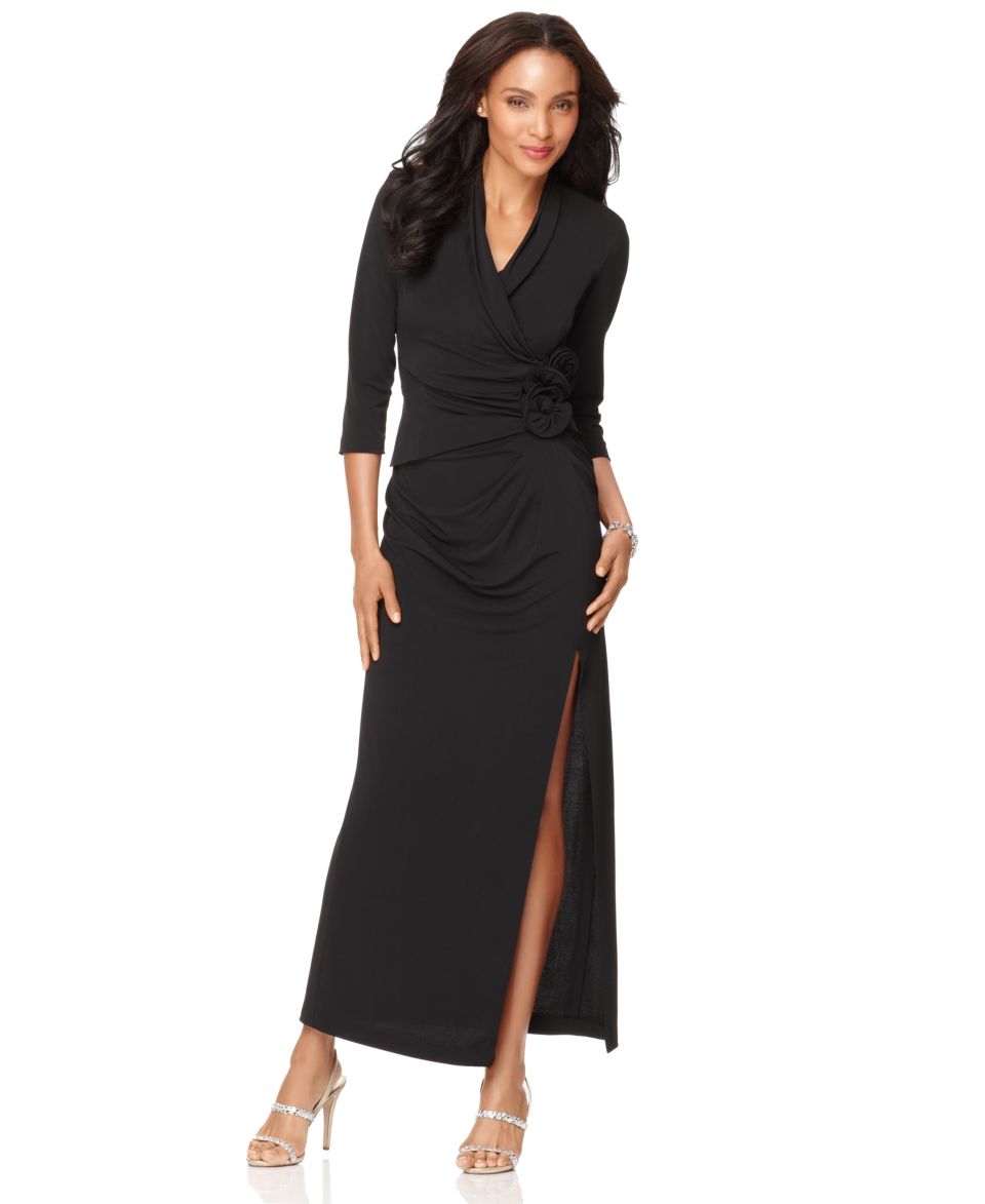 Alex Evenings Dress, Three Quarter Sleeve V Neck Gathered Evening Gown