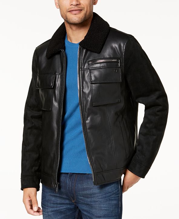 Calvin Klein Men's Faux Leather Sherpa Collar Moto Jacket & Reviews ...